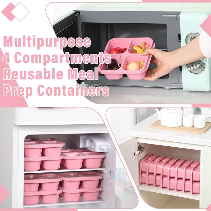 12 Pcs 4 Divided Compartments Snack Containers Bento Wheat Straw Snack Box with Lid Reusable Meal Prep Lunch Box Food Storage Containers for Adults Travel Work (Pink)