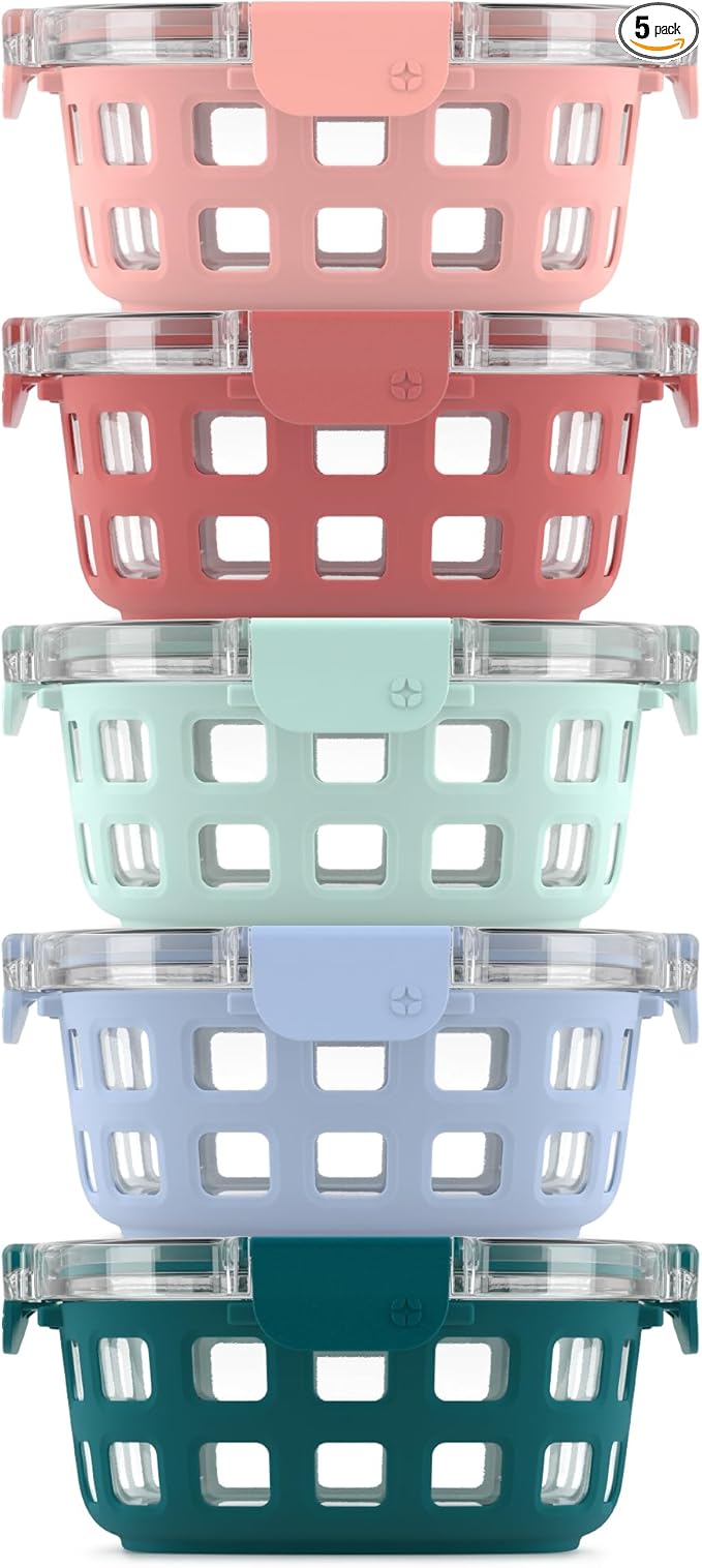 Ello Duraglass 3.4 Cup Round Meal Prep Sets 10Pc, 5 Pack Set- Glass Food Storage Container with Silicone Sleeve and Airtight BPA-Free Plastic Lids, Dishwasher, Microwave, and Freezer Safe, Melon
