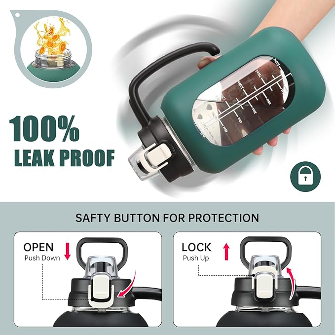 64 oz Glass Water Bottle with Straw and Handle Half Gallon Water Jug with Silicone Sleeve Large Water Bottle for Office, Gym, Outdoor Sports