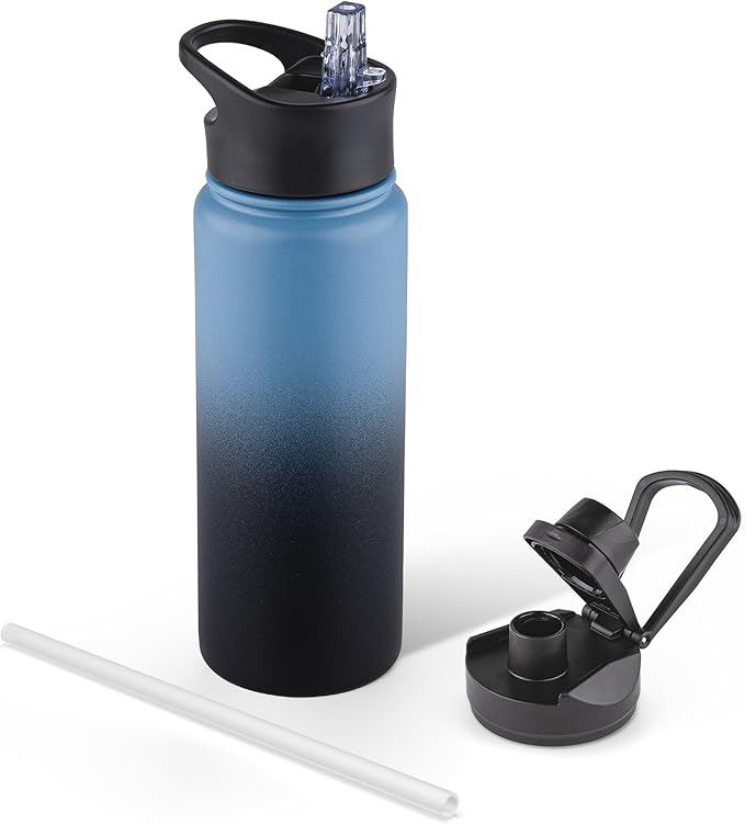 24 oz Insulated Water Bottle with Straw Lid & Wide Mouth Lids, Stainless Steel Sports Water Bottles, Double Walled Vacuum, Leak Proof, Blue Black Gradient