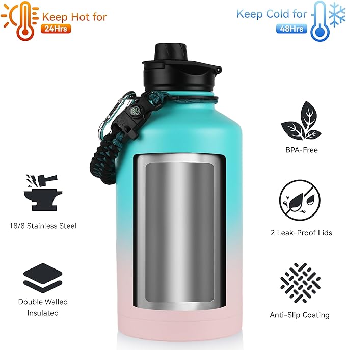 64 oz Insulated Water Bottle with Straw & Spout Lids, Stainless Steel Metal Half Gallon Water Jug with Paracord Handle, Double Wall Vacuum, Leakproof, Keep Drinks Cold & Hot, Pink Blue Gradient