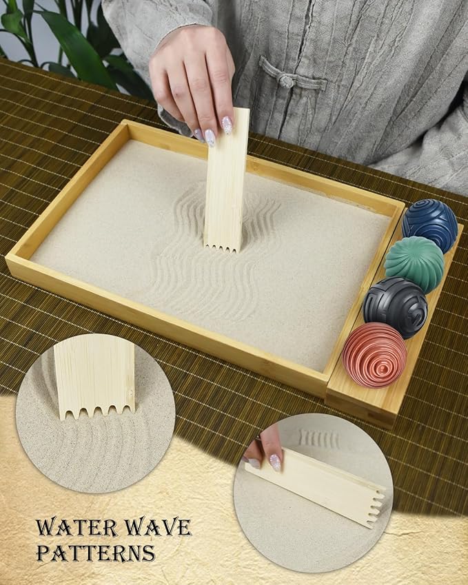 Artcome Jpanese Zen Garden Kit for Desk - Premium Mini Sand Garden with Bamboo Tray - Meditation Sand Tray with 4 Zen Balls and Rake Tools for Relaxation - Mindfulness Therapy Decor - Ideal for Gift