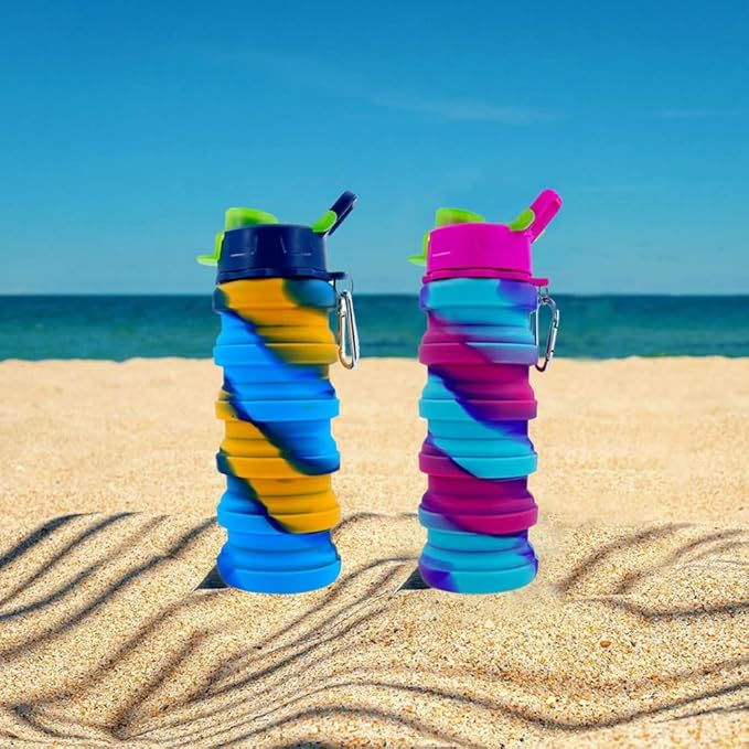 Collapsible Silicone Water Bottles 2 Pack - 500ml Portable Expandable Sport Bottle with Carabiner for Travel & Camping (Yellow Camouflage + Rose Red)