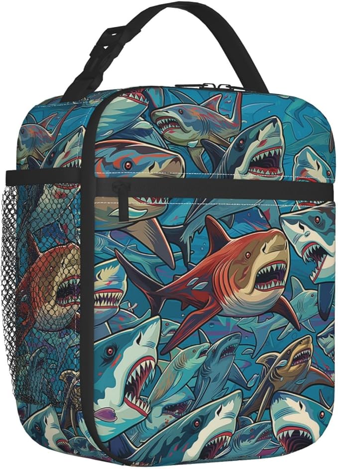 Cool Cartoon Shark Print Insulated Lunch Box Gifts for Kids Adults Colorful Marine Life Design Reusable Portable Lunchbox Cooler Lunchbag for Work Picnic School Travel or Hiking