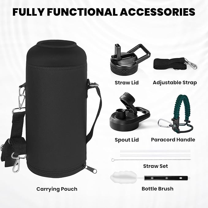 Insulated Water Bottle 87 oz, Triple Wall Vacuum Stainless Steel (Cold for 48 Hrs), Leak Proof & Non-BPA, Modern Water Flask Jug with Paracord Handle & Straw Spout Lids, Dark Green