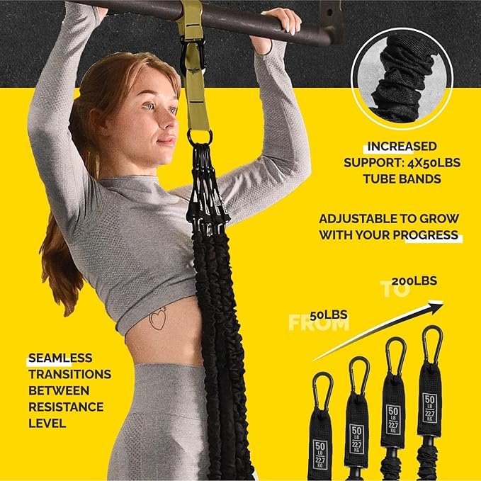 Pull Up Assistance Bands Set - 4 Heavy-Duty Pull Up Bands, Height Adjustable Strap & Comfortable Foot Strap - Stackable Pull Up Resistance Bands for Pull Ups