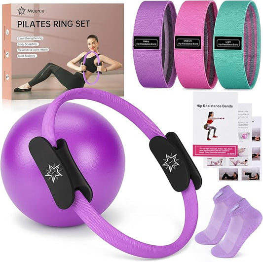 Pilates Essentials Kit for Home Women, Ring and Ball Set, Pilates Equipment for Workouts, 3 Resistance Bands, Grip Socks, 14 Inch Magic Circle, Mini Exercise Ball, Great Exercise Equipment