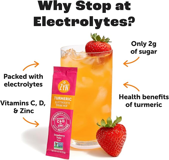 ZYN Electrolyte Drink Mix Hydration Packets, Strawberry Yuzu Electrolytes Powder, Hydration Packets w/Turmeric Curcumin, Vitamin C & D, Zinc, Hydrate & Recover Electrolyte Powder, Pack of 16