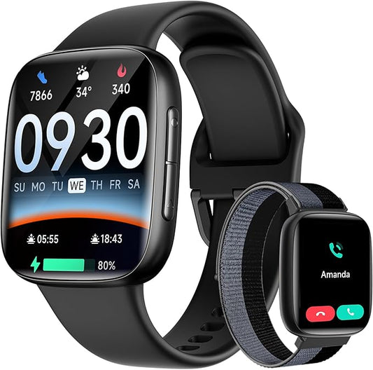 Smart Watch for Men Women, 1.85" AMOLED Ultra-Clear Screen Smartwatch Compatible iPhone/Samsung/Android, 100+ Sport Modes Fitness Tracker with Heart Rate/SpO2/Sleep Monitor 3ATM Waterproof, 2 Bands