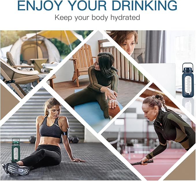 52oz Glass Water Bolttles with Straw Half Gallon Large Motivational Water Bottle