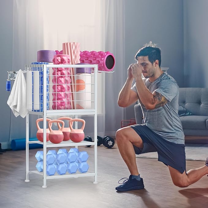 Dumbbell Rack for Home Weight Rack for Home Gym Yoga Mat Storage Rack Black Workout Equipment Storage Organizer with Hooks Yoga Mat Holder with Wheels for Yoga Block, Dumbbell, Resistance Band