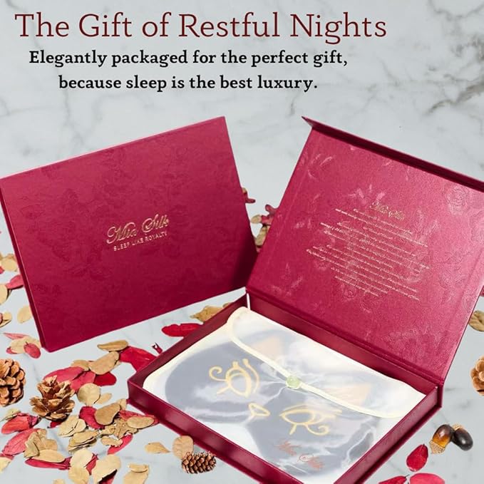 Silk Sleep Mask Blindfold Eye Mask for Sleep Cute Cat Print Embroidered Eye Cover Adjustable Oversized Egyptian Bastet with Gift Box&Pouch（Midnight Bastet-Elastic Strap）