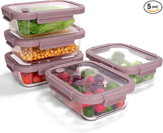 5-Pack Borosilicate Glass Containers with Tempered Lids, 35.2oz/4.4 Cup Airtight Meal Prep Set, Microwave/Freezer Safe (Pink)