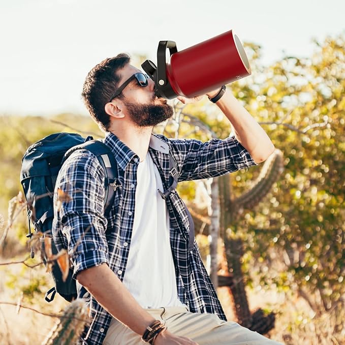 Half Gallon Water Bottle Insulated(Cold for 48 Hrs),BPA Free&Leak Proof,64oz Stainless Steel Water Jug/Flask,Big thermo,Large Water Bottle with Handle for Gym,Hiking,Camping,Red