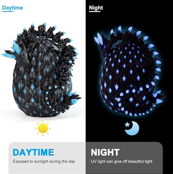 11.81" 3D Printed Glow in The Dark Dragon with Egg & USB UV Flashlight, Crystal Articulated Dragon Fidget Toy for Kids, Dragon Egg Gift for Boys Girls Ages 4+, Birthday Halloween