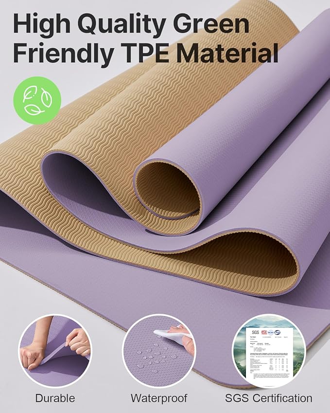 Yoga Mat,Non-Slip TPE Exercise Mat(1/4 Inch) for Pilates, Fitness & Barefoot Workouts, Home Gym Studio with Strap & Bag