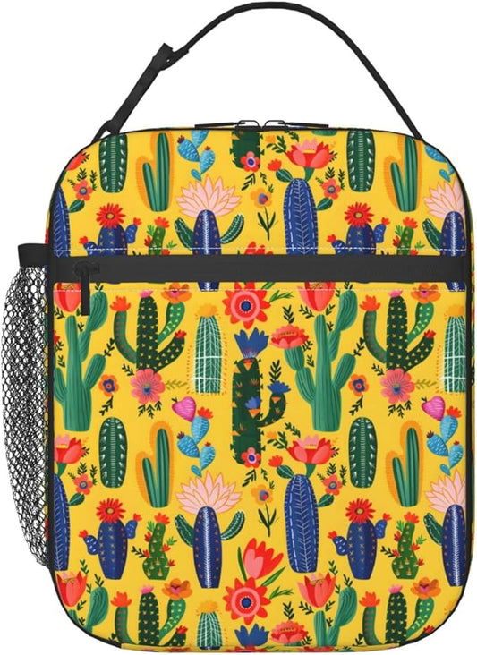 Cactus Lunch Box for Women Adults Kids, Insulated Cooler Lunch Bag for Picnic, School, Office, Travel, Work, Portable Reusable Polyester Tote Thermal Lunch Bags (Colorful Cactus)