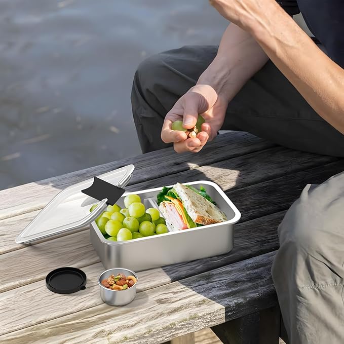 Stainless Steel Bento Lunch Box for Adult, 42oz Leak-Proof Lunch Box Containers, Microwave-Safe, with Adjustable Divider, Convenient Metal Lunchbox for Work, Travel