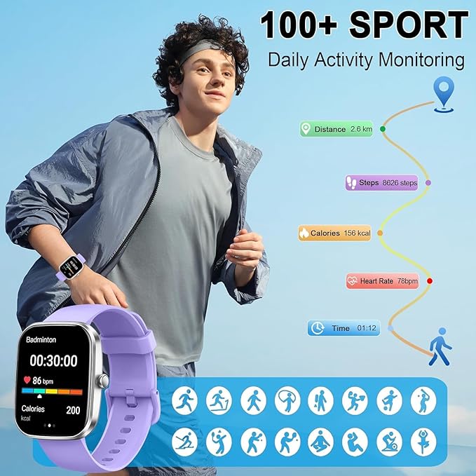 Smart Watch(Answer/Make Call), 1.91" Smartwatch for Men Women, New Fitness Watch with 110+ Sport Modes, Fitness Activity Tracke with Pedometer/Sleep Monitor/Heart Rate/IP68 Waterproof, Silver Purple