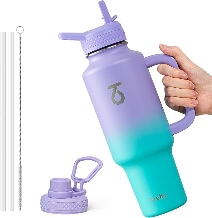Trebo 40 oz Water Bottle Insulated Fit Car Cup Holder with Handle, Stainless Steel Water Bottles Tumbler with Spout Straw Lids, Double Wall Travel Reusable Flask, Leakproof Mug,Keep Cold &Hot,Purple