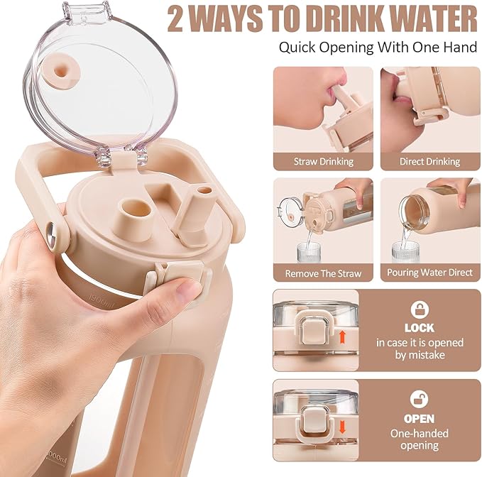 BLUEGO 64oz Glass Water Bottle with Handle and Straw, Motivational Sports Water Bottle with Time Marker and Silicone Sleeve Leakproof Drinking Bottle for Travel Gym Workout, Amber