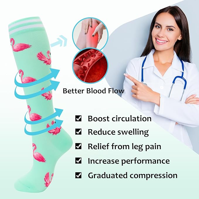 fenglaoda Compression Socks Women Men 4 Pairs, Knee High Support Socks for Running, Sports, Travel, Flight, Nurse