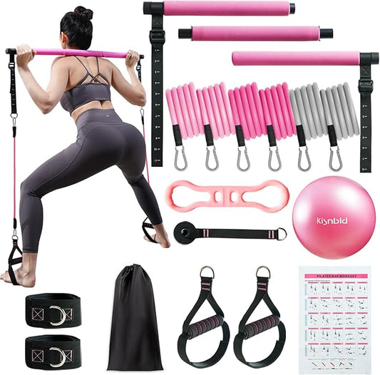 Pilates Bar Kit with Resistance Bands, Multifunctional Pilates Bar with 3 Set Exercise Resistance Bands, Portable Pilates Equipment for Women Home Gym Yoga Workouts
