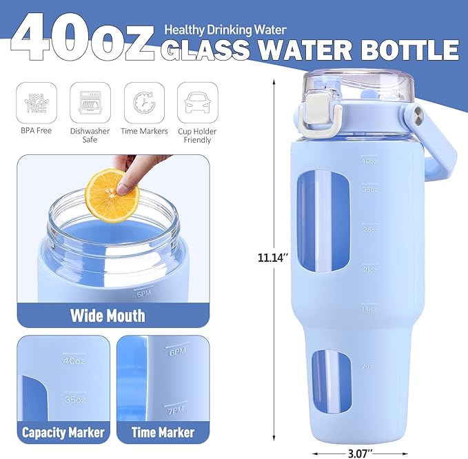 BLUEGO 40 oz Glass Water Bottle With Straw, Leakproof With Time Marker and Silicone Sleeve, Wide Mouth for Travel, Gym, Workout, Blue