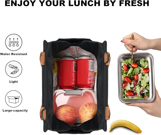 Joymee Lunch Bag Women Insulated Lunch Box with Adjustable Shoulder Strap Large Reusable Leakproof Spacious Cooler Tote for Women Men Adult with Bottle Holder and Side Pockets - Black