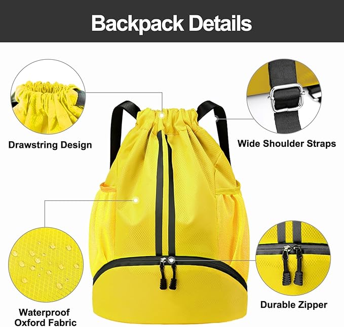 Hoedia Sports Drawstring Backpack - String Swim Gym Bag with Shoes Compartment and Wet Proof Pocket for Women/Men (Yellow)