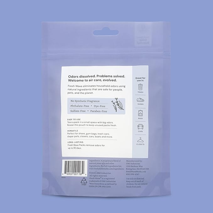 Fresh Wave Lavender Odor Eliminating & Deodorizing Packs | Bag of 6 | Safer Odor Relief for Small Spaces | Natural Plant-Based Odor Eliminator | Odor Absorbers for Home