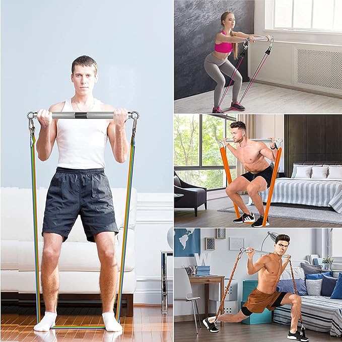 DASKING Detachable Resistance Bands Bar 30"/35.4"/38.5" Length Max Load 500LBS for Home Gym Full Body Workout Fitness Bar