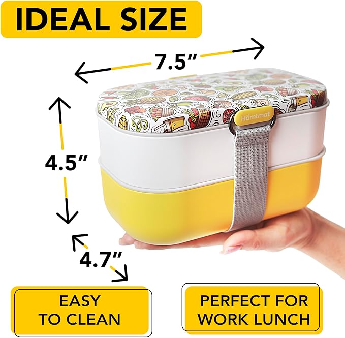 Insulated Stackable Bento Box for Adults with Reusable Chopsticks Japanese Lunch Box Microwavable & Leak Proof Lunch Containers for Men & Women Modern Cute Food Container with Compartments (Yellow)