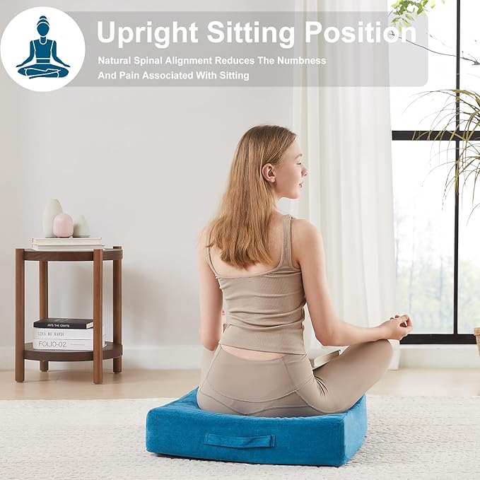 JKMAX 2 Pcs High Density Foam Floor Pillow - Upgraded Large Pillows Seating for Adults - Outdoor Floor Cushion with Soft Tufted Cover - Yoga Pillows for Sitting On Floor - 22 Inch Peacock Blue