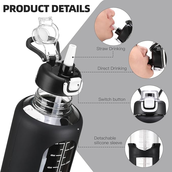 64 oz Glass Water Bolttles with Straw Half Gallon Large Motivational Water Bottle with Time Marker Sports Water Bottles with Silicone Sleeve and Handle Lid Water Jug for Gym Workout