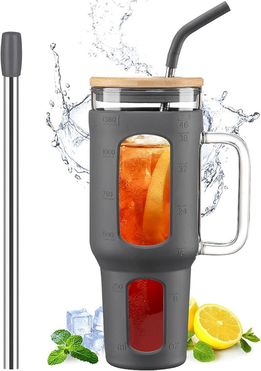 Glass Tumbler with Lid and Straw, 46 oz Iced Coffee Cup with Handle, Large Water Bottles with Silicone Sleeve, Glass Cup with Straws - Pearl Straw & Drinking Straw BPA Free-Grey
