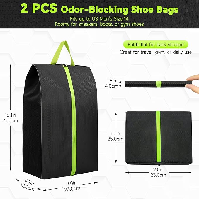 2 Pack Smell Proof Shoe Bags for Travel, Water-Resistant Odor Absorbing Cleat Shoe Organizer with Zipper | Sports Shoe Pouch for Soccer, Golf, Gym, Tennis, Baseball, Running