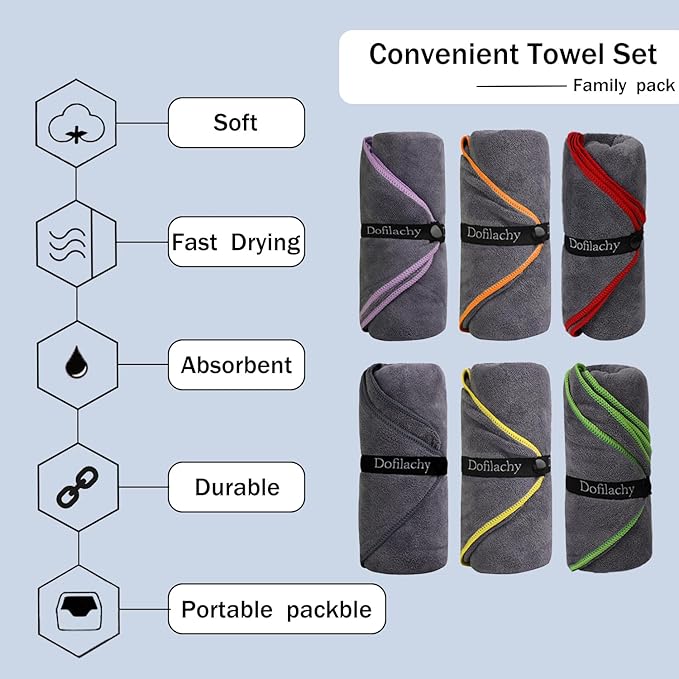 Dofilachy 6 Pack Camping Towel - Camping Towels Quick Dry Towel Microfiber Travel Sports Towel for Camp Bath Beach Swim, Large 24” x 48”