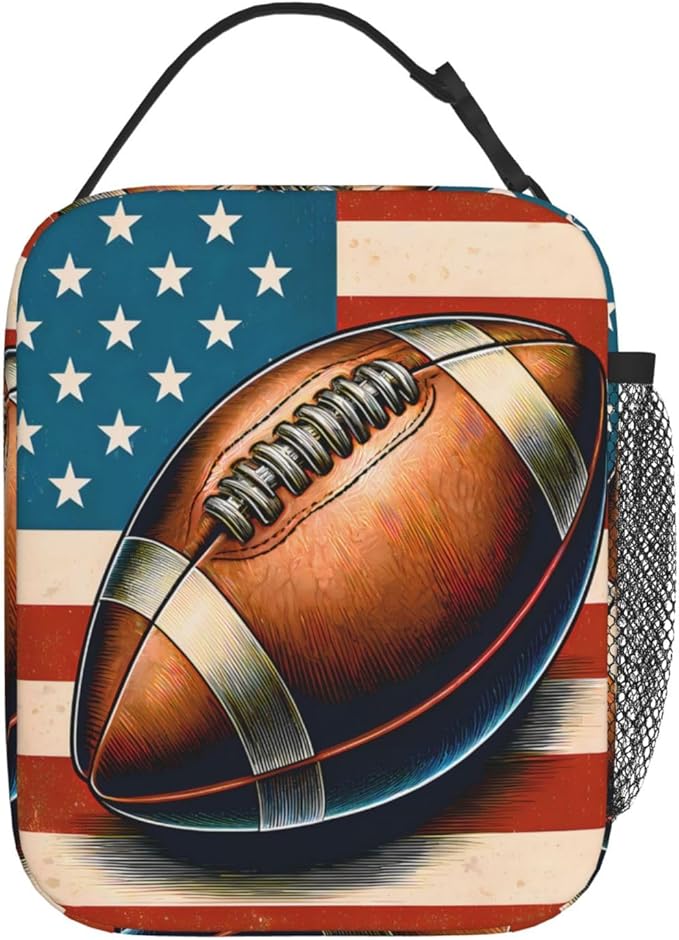 Football Polyester Lunch Box for Kids Teen,American Flag Reusable Thermal Lunch Bag for Adult Women,Sport Insulated Tote Cooler Bags for School,Work,Picnic,Travel,Stars and Stripes Theme