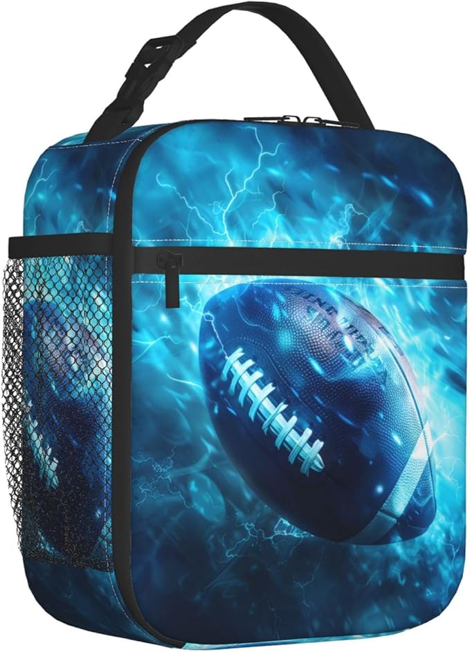 Football Polyester Lunch Box for Kids Teen,Sport Reusable Thermal Lunch Bag for Adult Women,Electric Ball Insulated Tote Cooler Bags for School,Work,Picnic,Travel,Dynamic Energy Theme