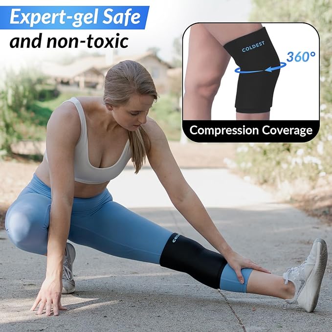 Coldest Knee Ice Pack 360 - Knee Pain Relief Compression, Reusable Gel Ice wrap for Leg Injuries, Swelling, Knee Replacement Surgery, Cold Compress Therapy (Medium) Black