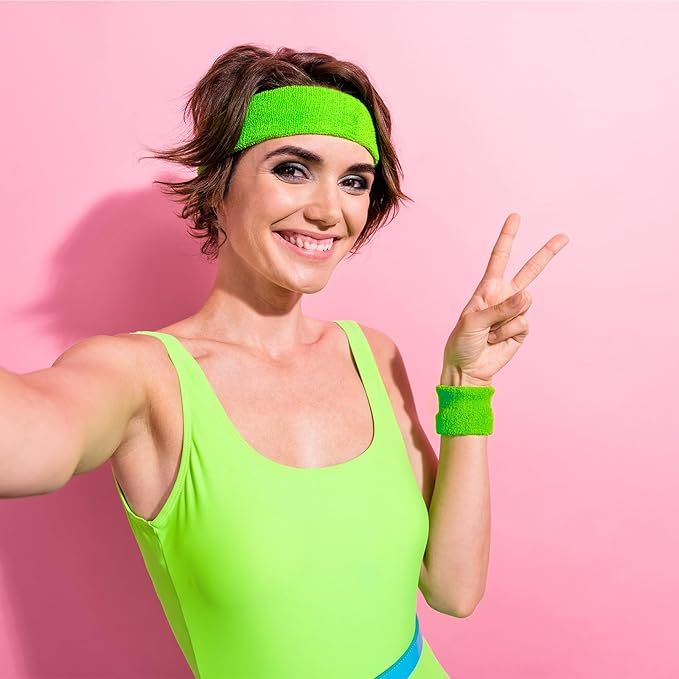 Civaner 12 Pcs 80s 90s Sweatbands Neon Headbands Wristbands for Men Women Party Sports Cotton Headbands Terry Cloth Athletic Sweat Bands for Tennis Football Gym Workingout Accessories