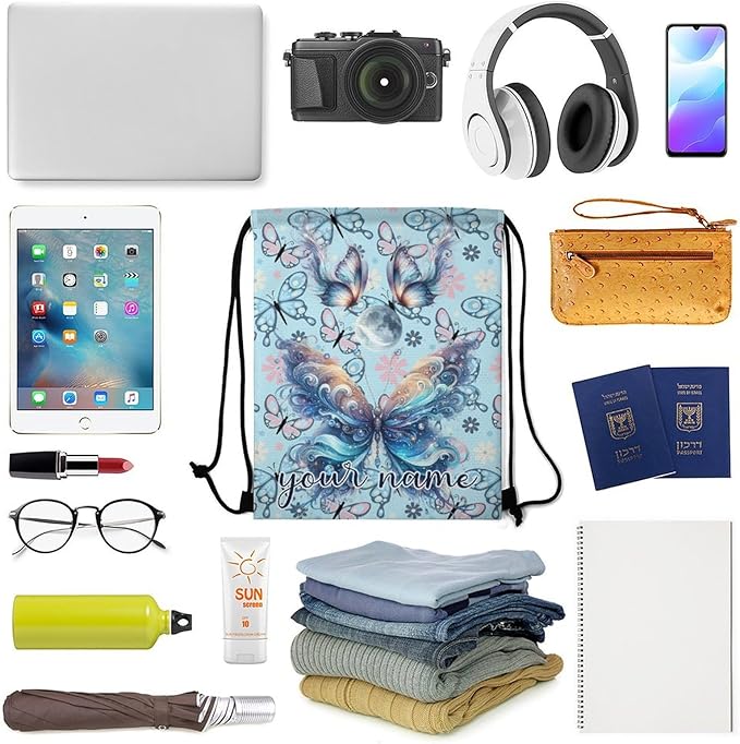 Custom Butterfly Drawstring Backpack - Cute Cinch Sack, String Backpacks for Kids Boys Girls Women Men for Gym Outdoor Sports Travel Athletic Drawstring Bag - Lightweight/Foldable