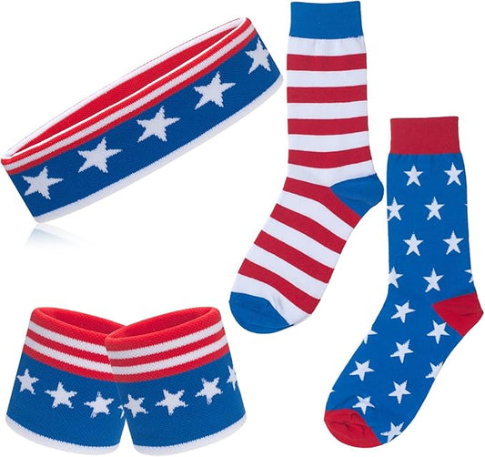ONUPGO 5 Pieces Sweatbands Striped Socks Set Sports Headband Wristbands High Tube Socks 80s Accessories Costumes