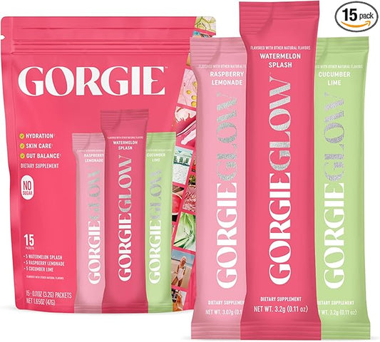GORGIE Glow Variety Pack 15 Sticks, Electrolyte Powder Healthy Drink Mix, w/Hyaluronic Acid, Aquamin, Vitamin C & D, Probiotics, No Sugar, Antioxidants for Hydration, Skin Care, and Gut Balance