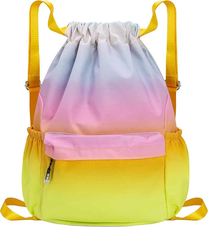 HOLYLUCK Drawstring Backpack Sports Gym Bag Water Resistant String Bag Cinch Sackpack with Side Zipper Pocket for Shopping Sport Yoga - Rainbow gradient