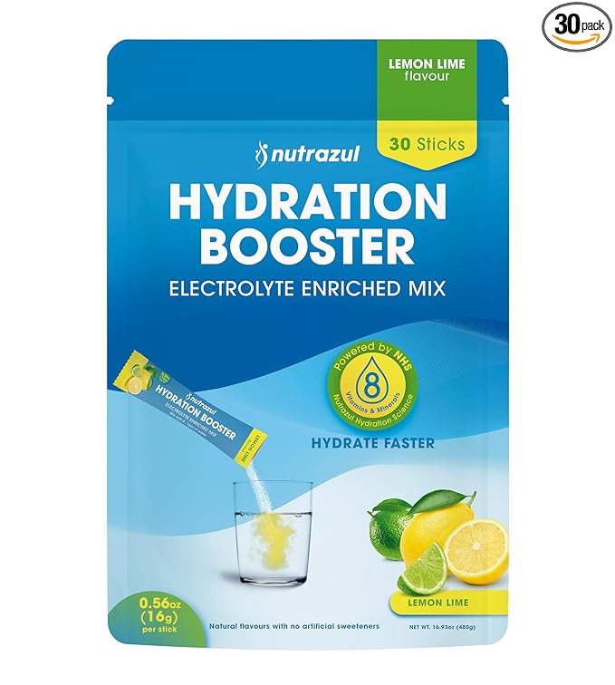 Nutrazul Hydration Booster 30 Sticks | Supports Rapid Hydration | Electrolyte Enriched Mix | No Artificial Sweeteners | Lemon Lime Flavour| Vegan, Gluten-Free, Non-GMO