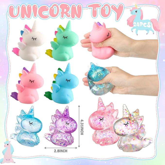 Meooeck 24 Pcs Unicorn Stress Relief Toys Mini Animal Toys for Relief Cute and Fun Stress Balls Unicorn Birthday Party Decorations for Christmas, Office, Stocking Stuffer Gift