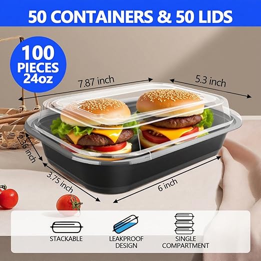 50 Pack (100-Piece) - 24oz Meal Prep Containers Salad & Snack Storage for Lunch | BPA Free & Leakproof Food Containers | To Go Take Out Plastic Bento Box | Microwave, Freezer, Dishwasher Safe
