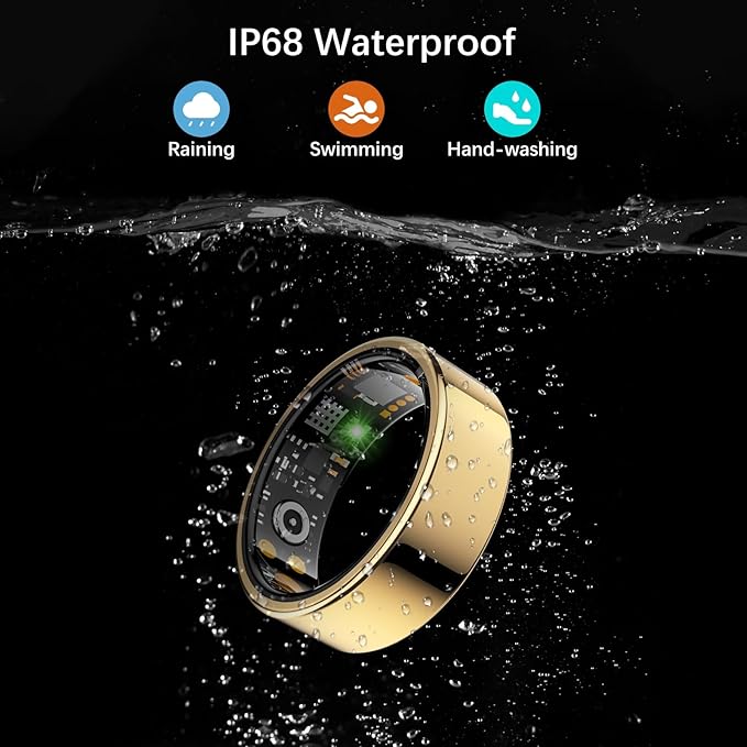 Smart Health Ring for Women Men, Fitness Tracker Ring with Heart Rate, Blood Oxygen, Sleep Tracker, Step Tracker, No Subscription Fee, IP68 Waterproof Smart Ring for iPhone & Android (Gold, 10#)
